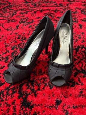 Jasmin Collection Black Satin Peep-Toe Stiletto Heels